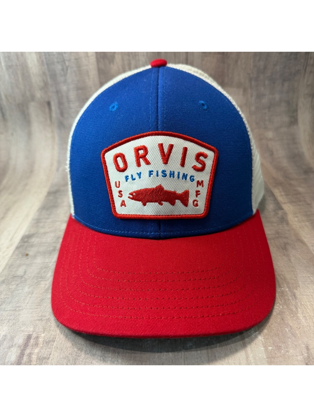 Orvis Upstream Trucker Hat Fly Fishing Mesh Back Snapback Red White Blue Cap